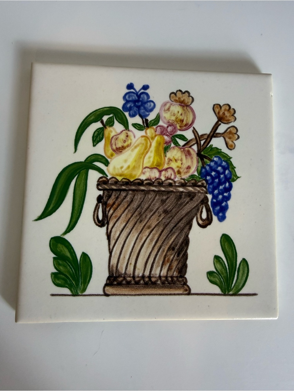 Vintage Aleluia‎ Portugal Hand Painted Ceramic Tile Fruit Basket Still Life 6x6